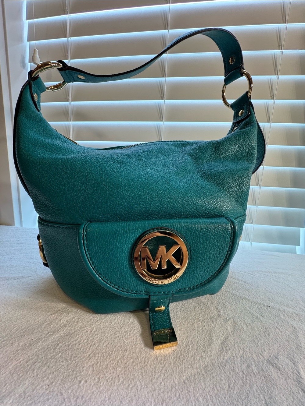 Michael Kors Teal Shoulder Hobo with Gold MK Emblem - Picture 2 of 11